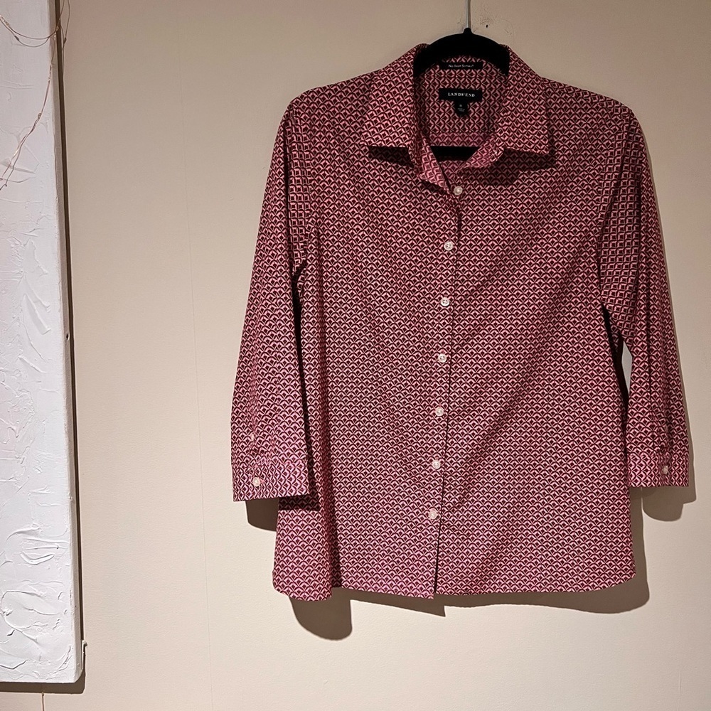 Lands’ End Button Down No Iron Suprima Fabric Shirt - Size 8 in Pink & Brown